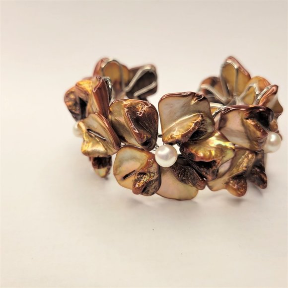 Golden Brown Cuff Bracelet with Freshwater Pearls and Mother Of Pearl - NEW - Picture 9 of 15